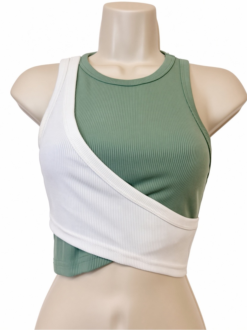 Fresral Ribbed Colorblock Wrap Crop Tank Top Sage Green White Size Small S